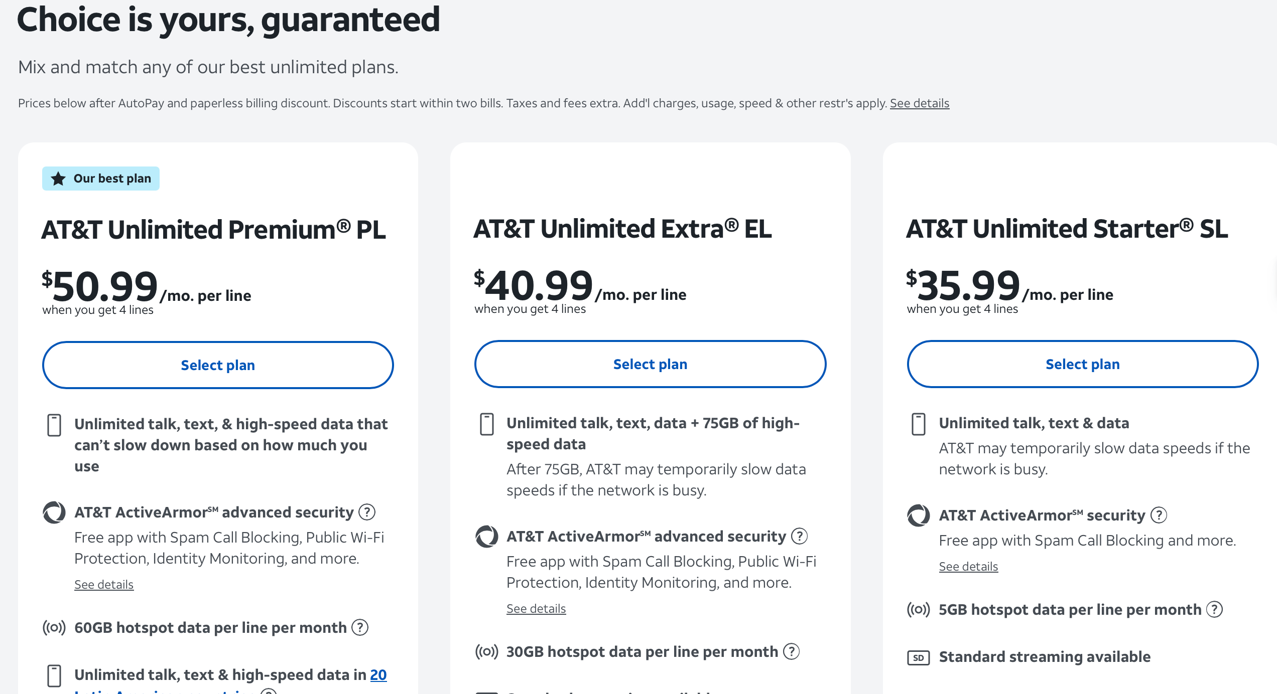 A screenshot of AT&T's plans.