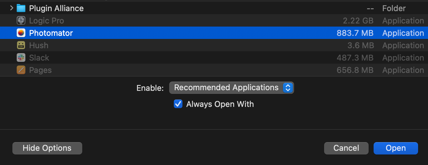 A screenshot of macOS Open With options.