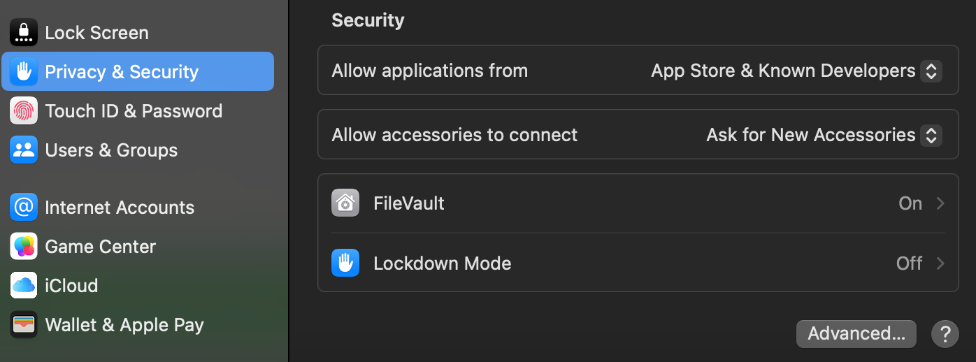 A screenshot of macOS Privacy & Security settings.