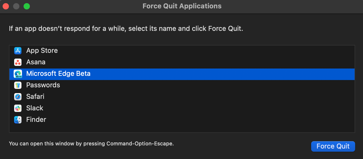 A screenshot of the Force Quit Applications dialog in macOS.