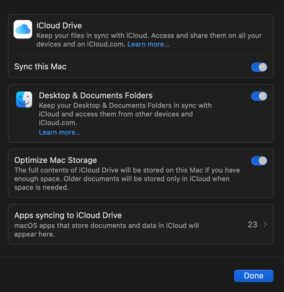 A screenshot of iCloud Drive settings in macOS.