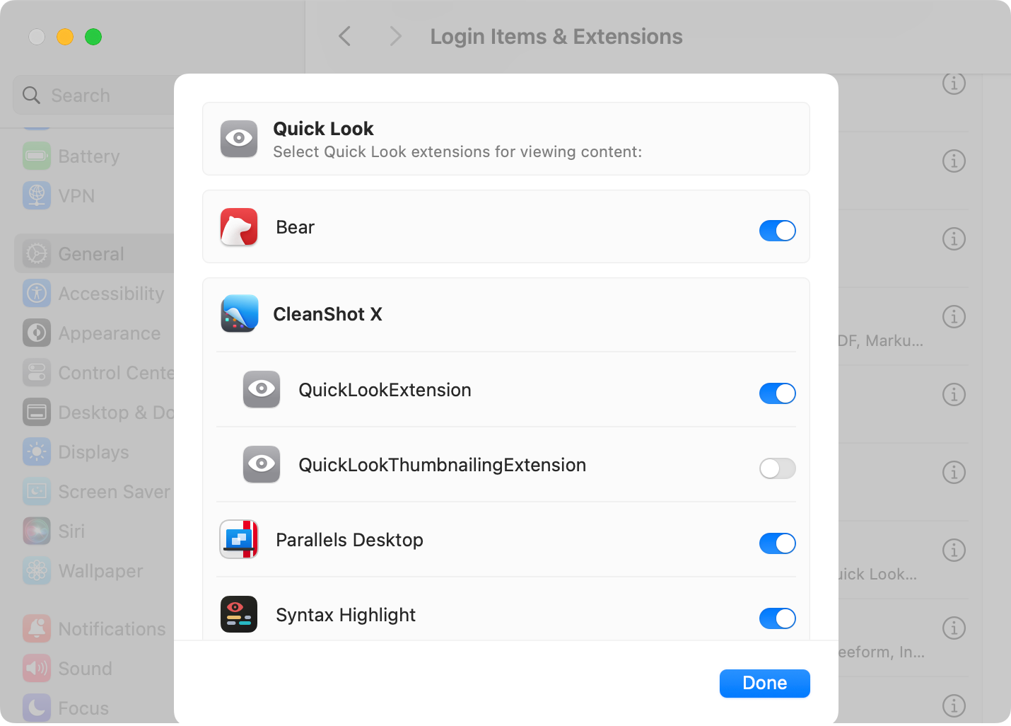 Quick Look extensions under macOS System Settings.