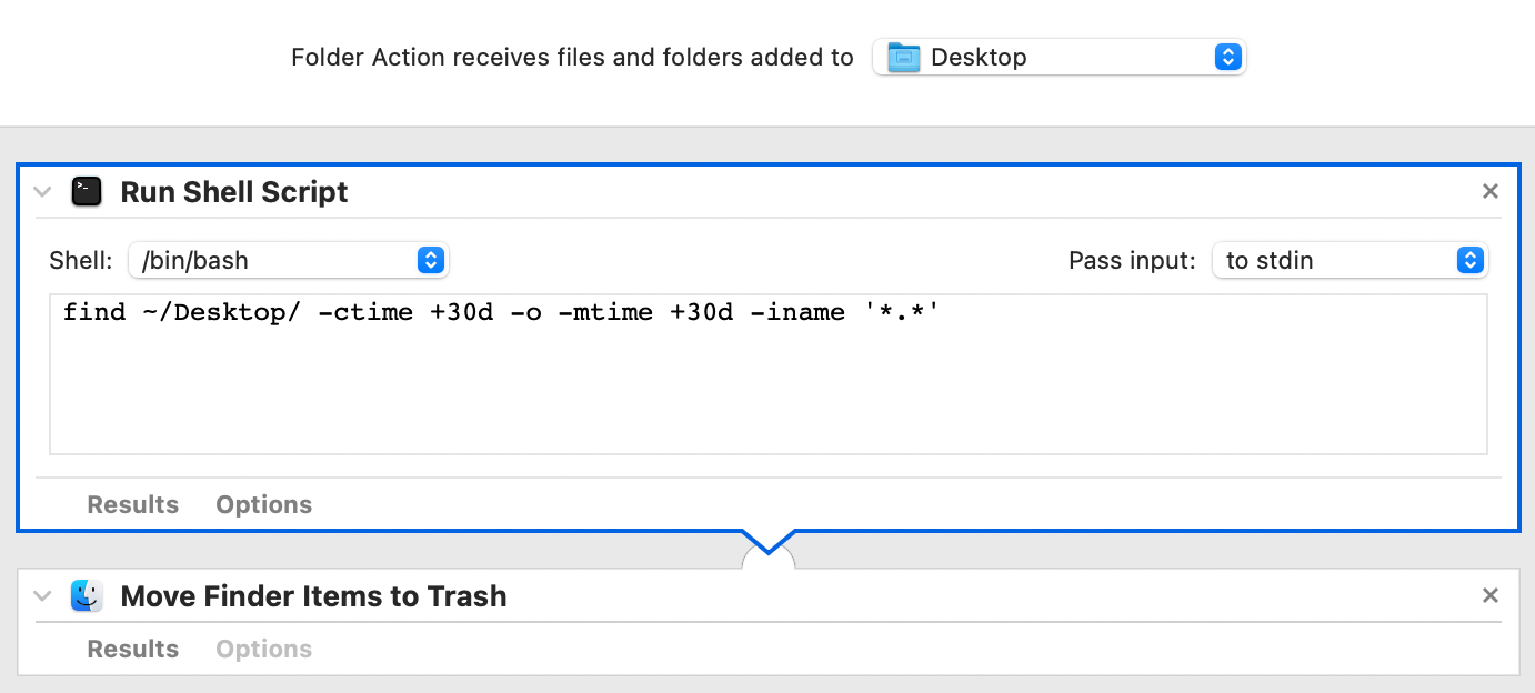 An Automator folder action that deletes files from the desktop after 30 days.