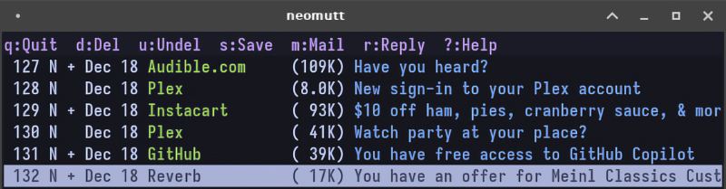 Screenshot of the inbox in the Neomutt email client.