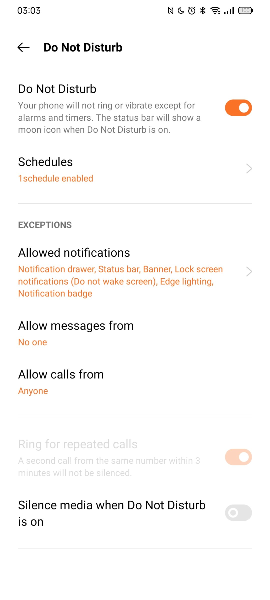 The "Do Not Disturb" menu on an Android phone configured to enable calls and alarms.