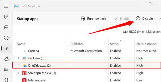 Disabling a startup app in Task Manager on Windows.