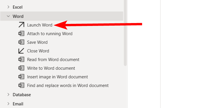 The "Launch Word" option in Power Automate on Windows.