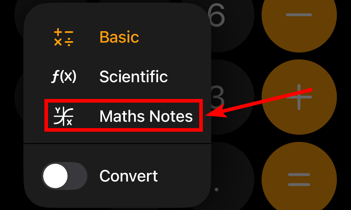 Switching to Math Notes in the Calculator app on iPhone.