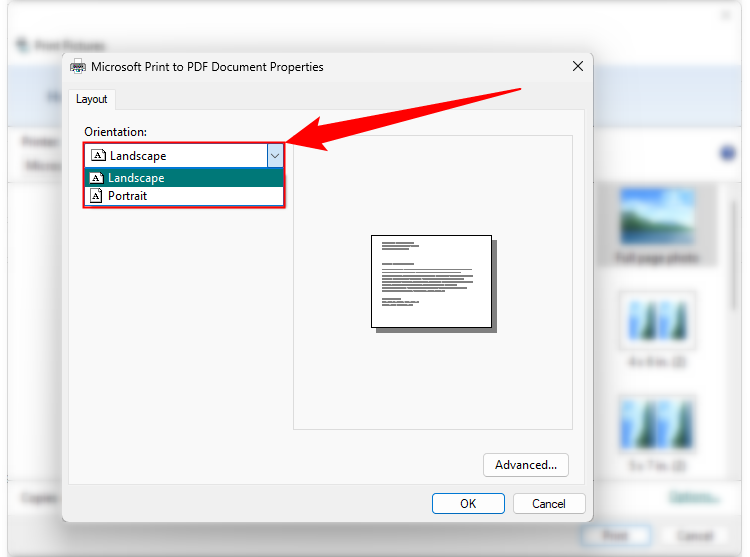Select "Landscape" or "Portrait" from the Orientation drop-down menu.