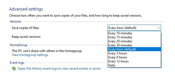 set a schedule to run the File History