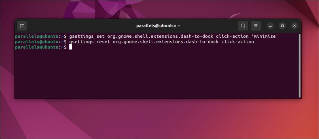 A screenshot showing gsettings commands that alter the default Ubuntu dock click action in the terminal.