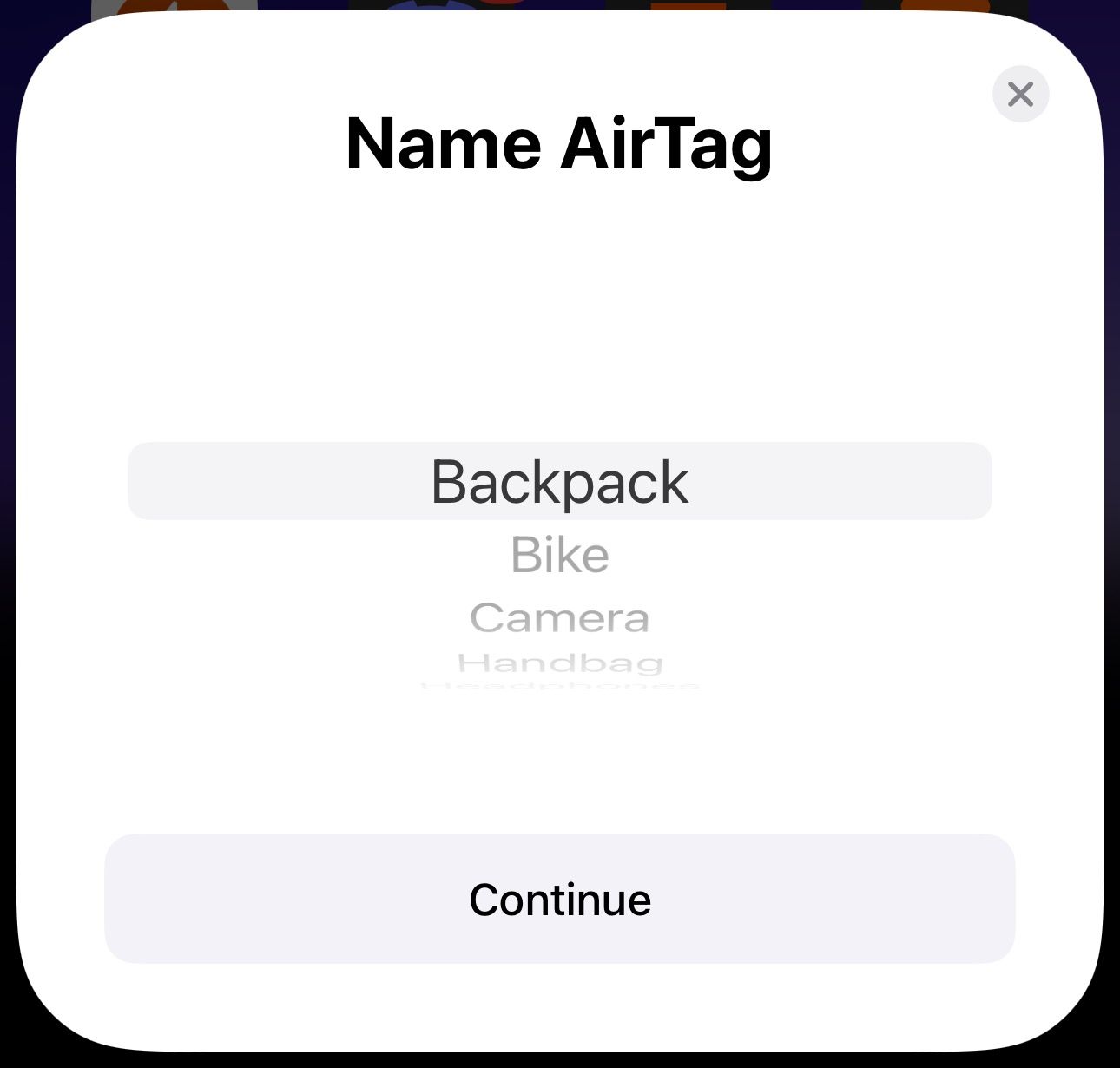 AirTag prompt on an iPhone asking you pick a name for the AirTag.