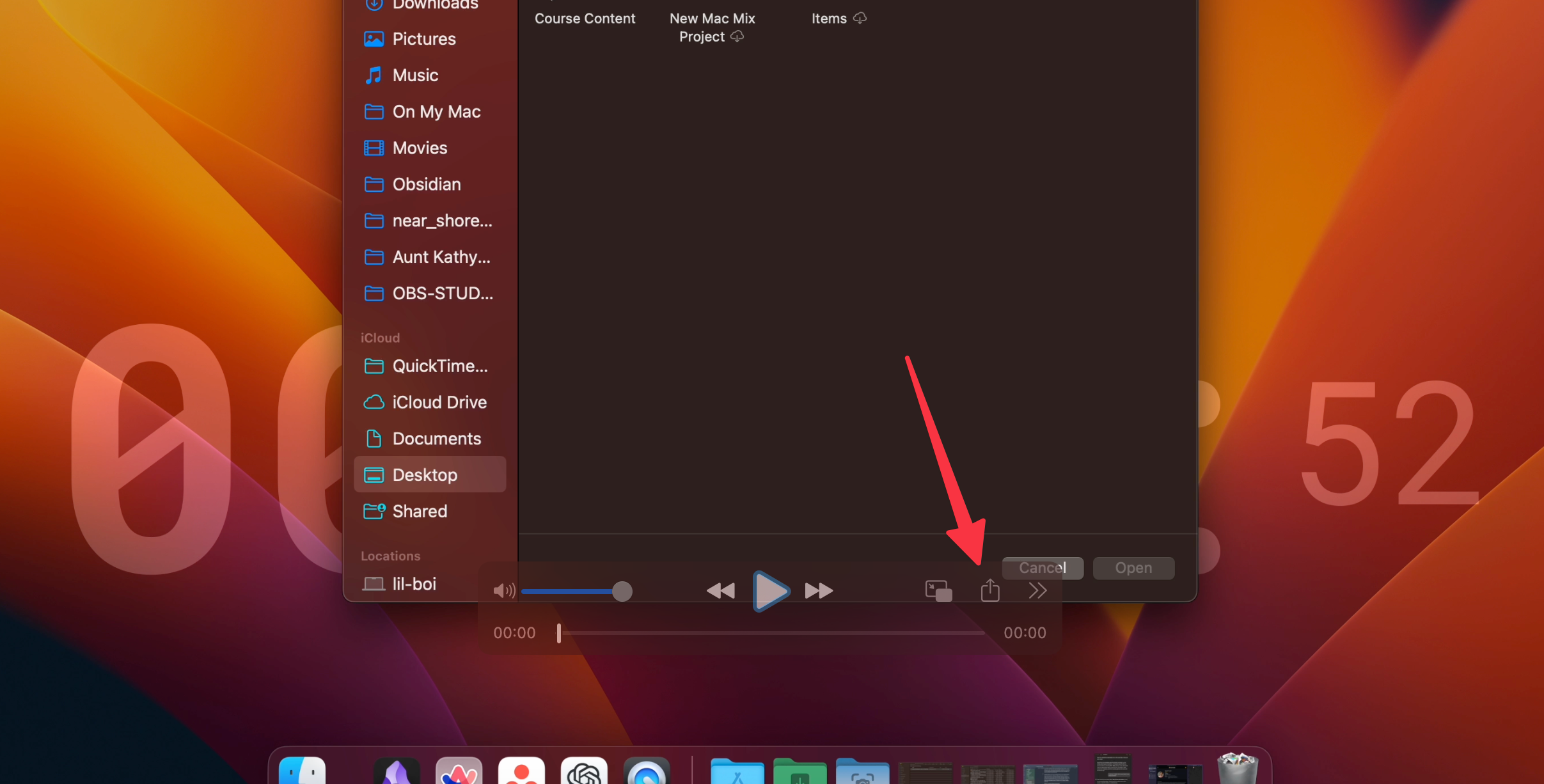 Share sheet button in QuickTime.