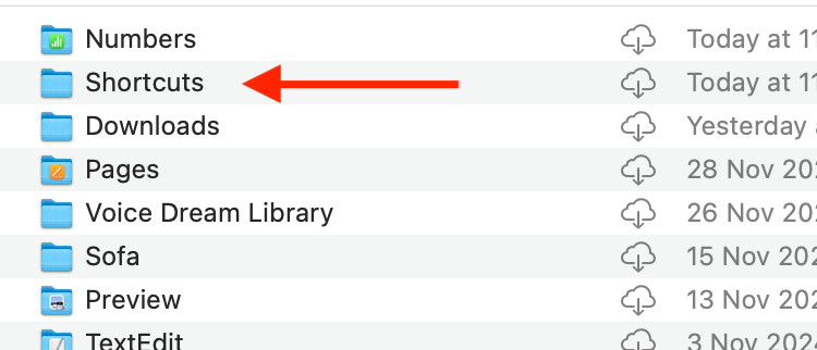 Shortcuts folder in Numbers on Mac.