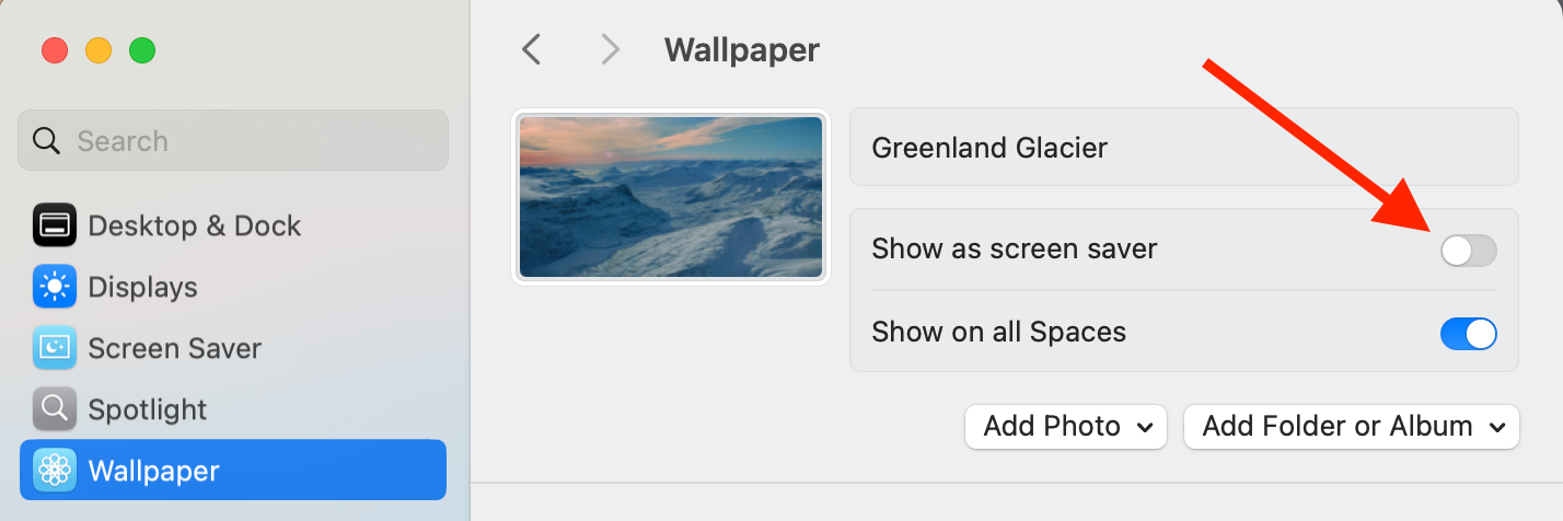 Show as Screensaver toggle in Settings app on a Mac.