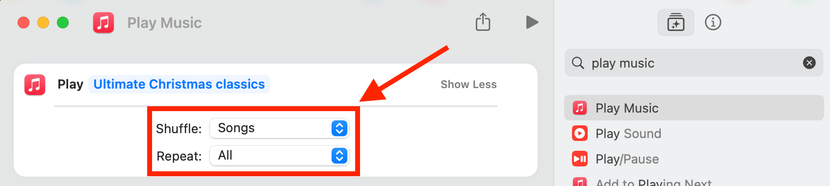 Shuffle Songs and Repeat All in Shortcuts app on a Mac.