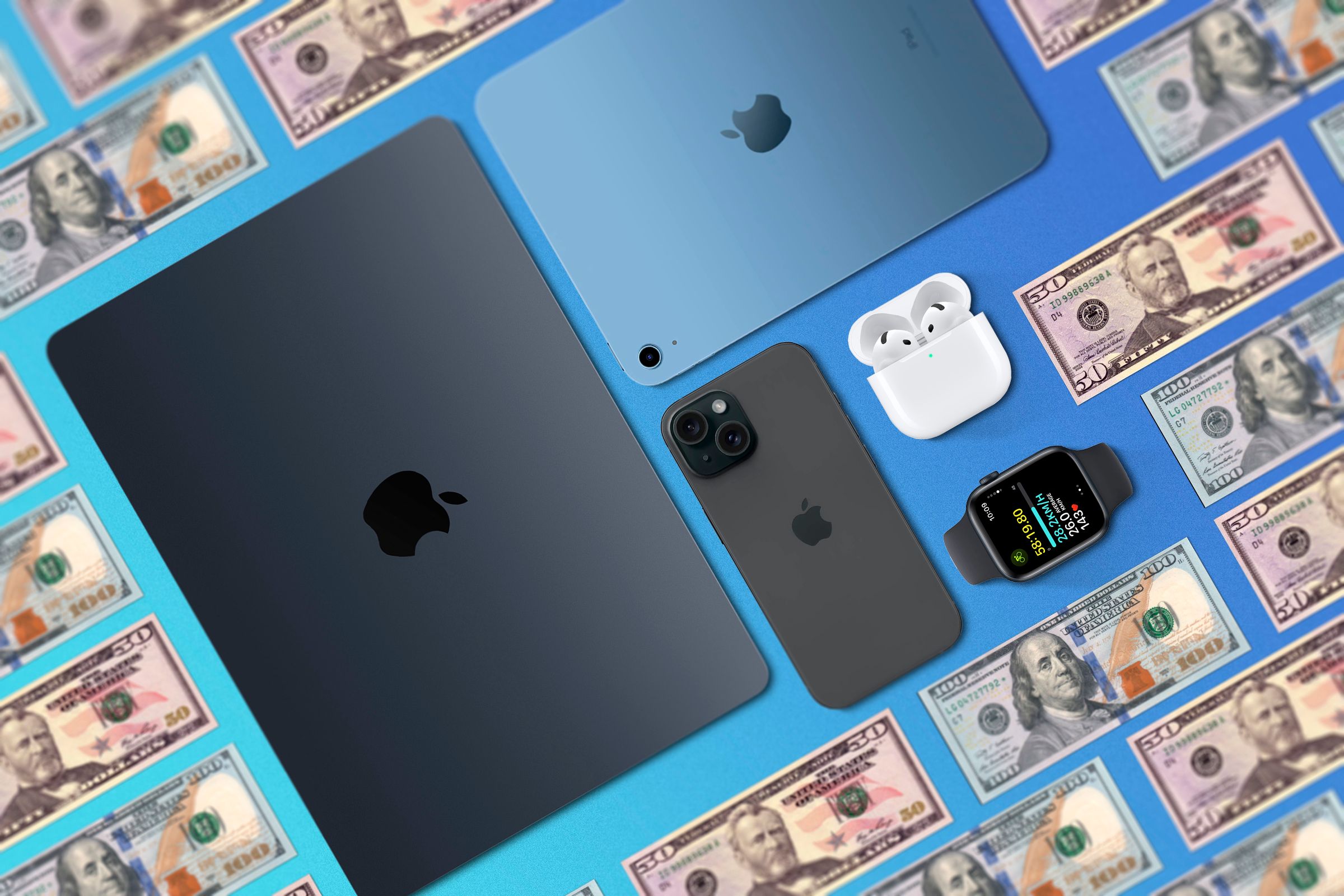 Some Apple devices with dollar bills around them.