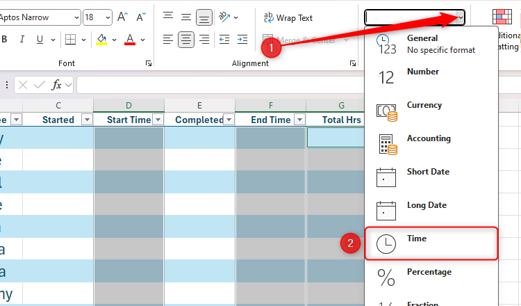 Some columns in an Excel table are selected, and the number format is changed to Time in the Number Format drop-down menu.