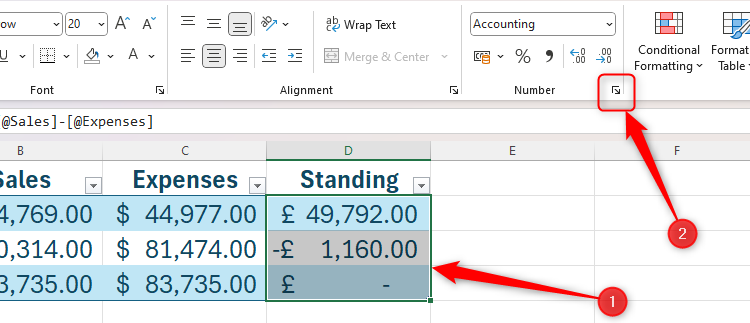 Some data in an Excel sheet is selected, and the Number Format dialog box launcher icon is highlighted.