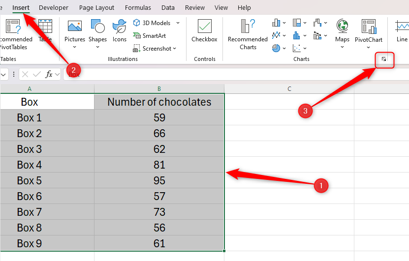 Some data in Excel is selected, and the Chart dialog box launcher icon in the Insert tab is highlighted.