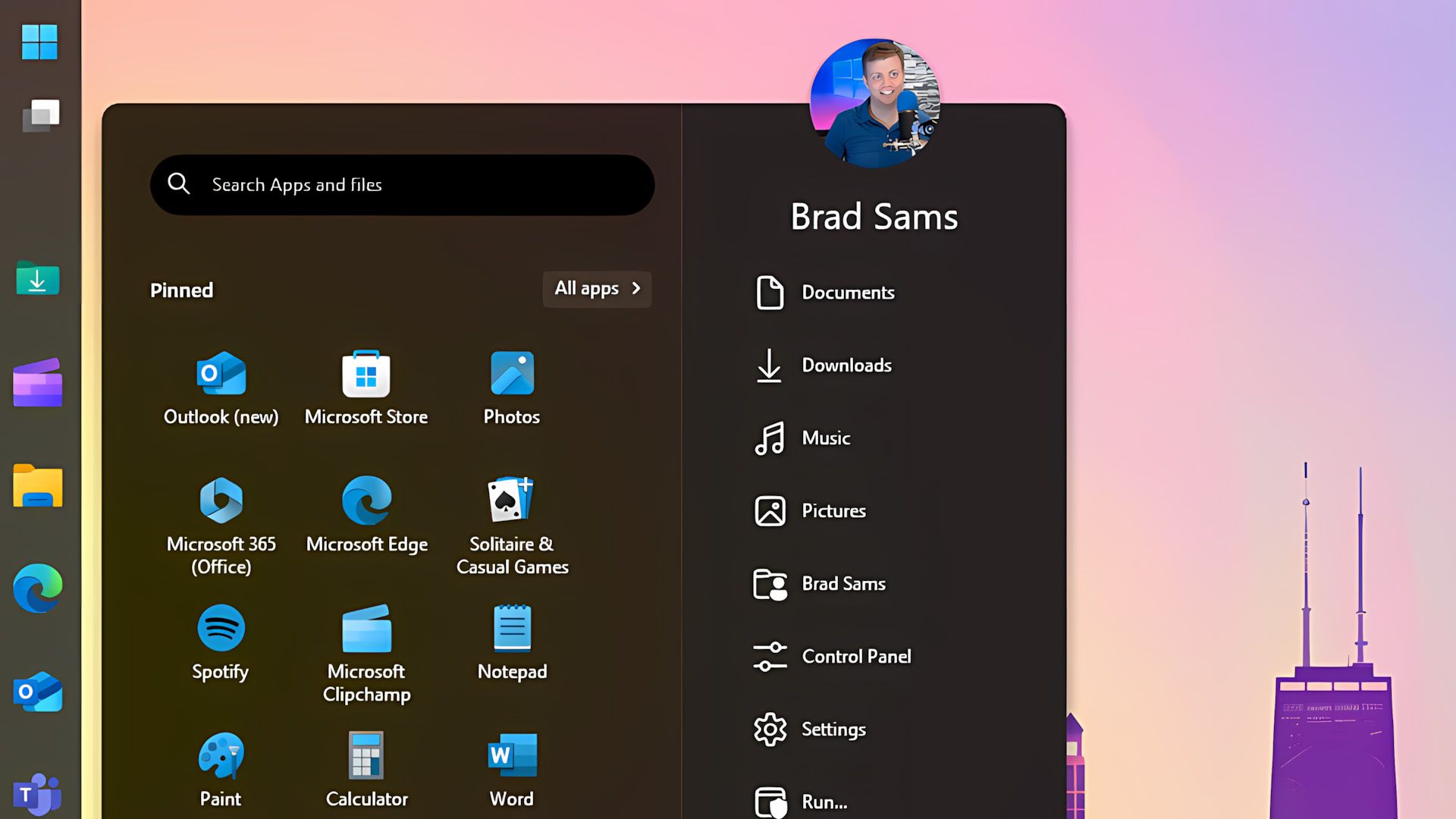 Screenshot of the vertical taskbar and Start Menu.