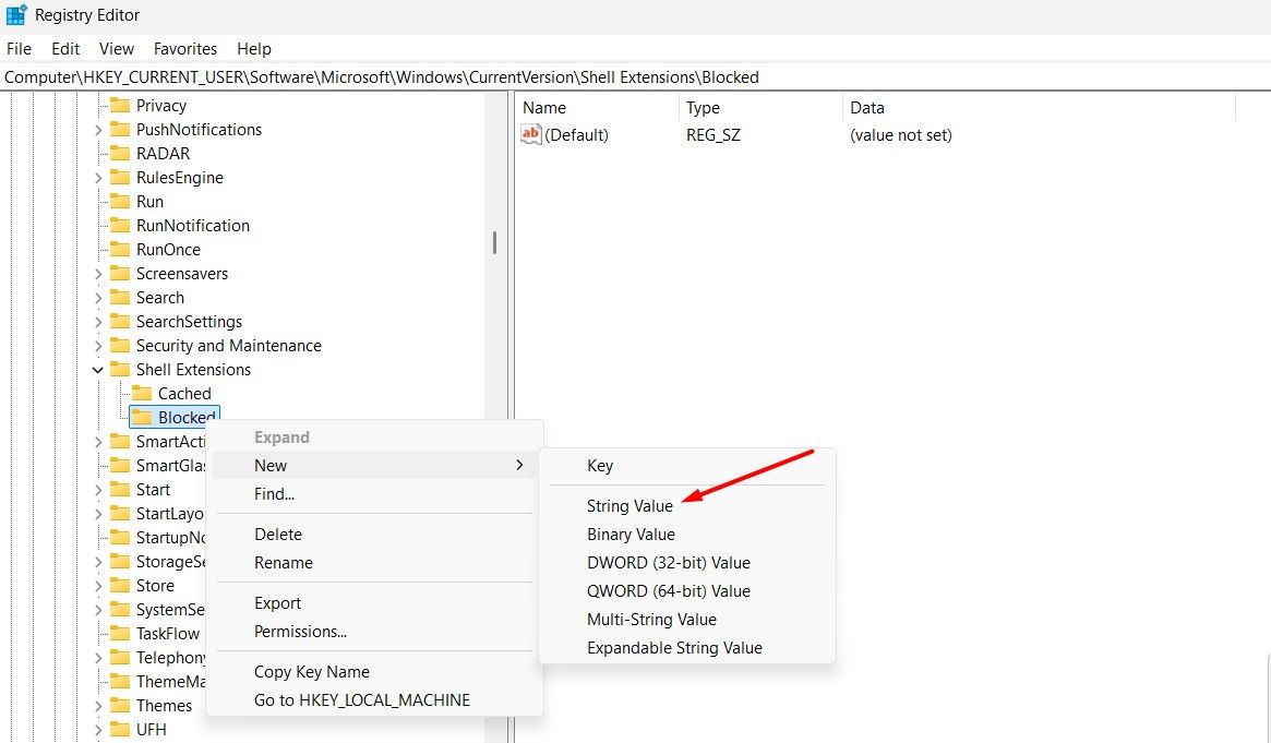 String Value option in the Registry Editor.