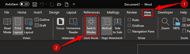 "Switch Modes" on the Word ribbon.