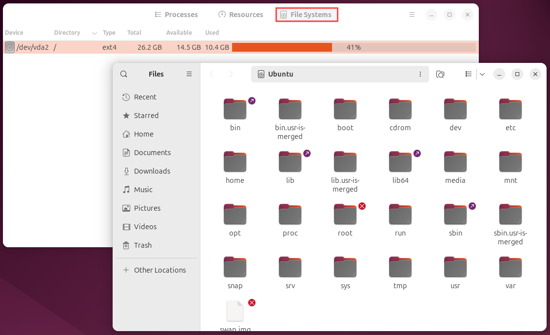 GNOME system monitor showing disk space used.