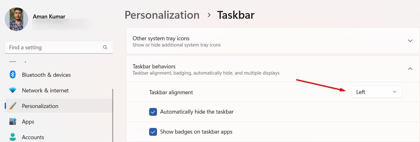 Task Alignment option in Windows 11.