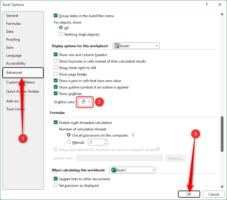 The Advanced menu in the Excel Options window, with the Gridline Color drop-down option highlighted.