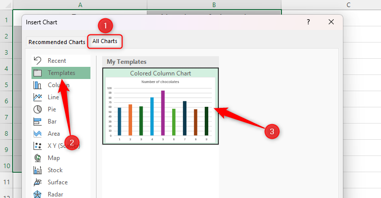 The All Charts tab in the Insert Chart dialog box in Excel, with Templates selected in the left-hand menu, and the saved template appearing in the preview.