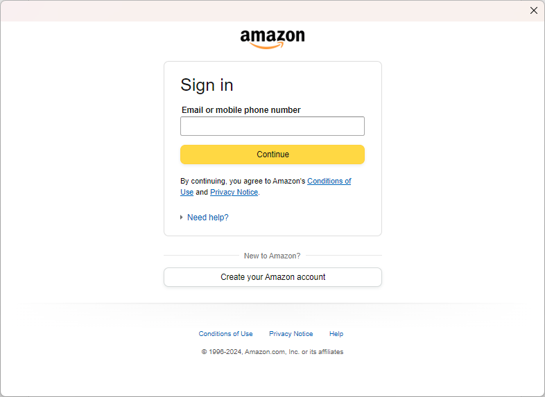 The Amazon Kindle sign-in dialog box in Microsoft Word.