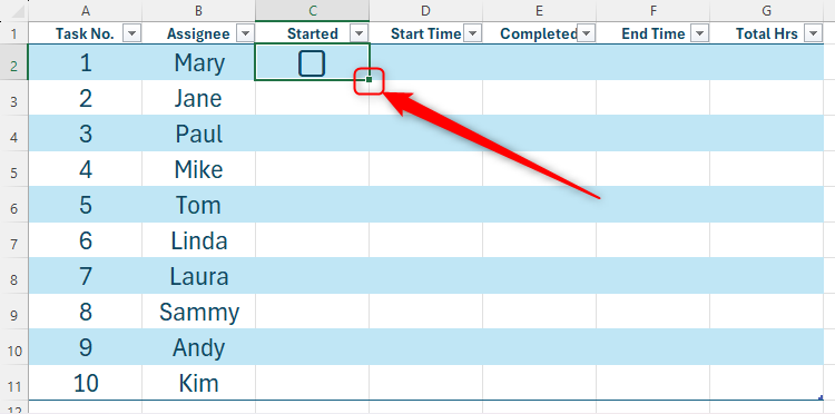 The fill handle on a cell containing a checkbox is highlighted.