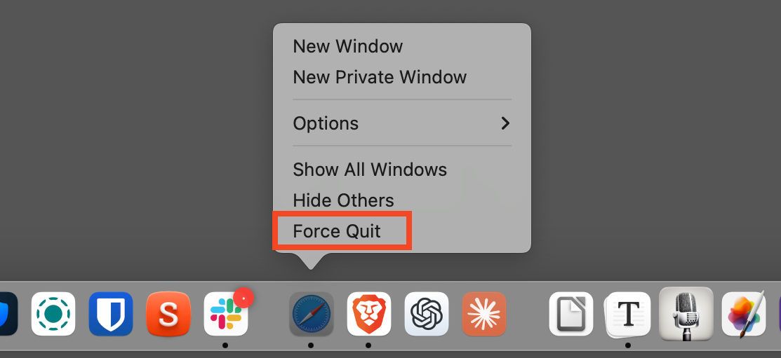 The Force Quite option in the Dock.