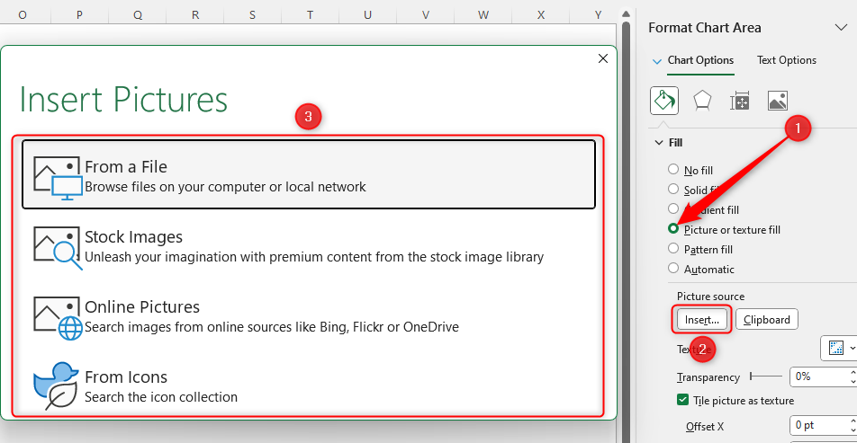 The Format Chart Pane in Excel is opened, with the option to use a picture as a chart background and the different sources highlighted.