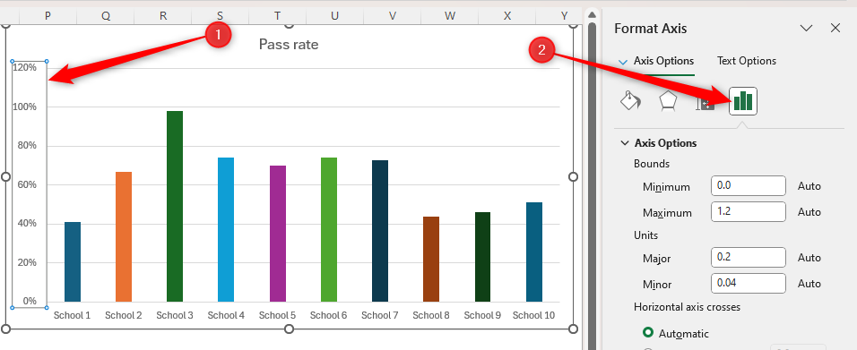 The Format Chart Pane in Excel, with the Axis Options icon selected and the corresponding settings opened.