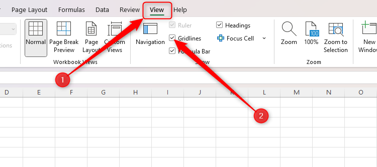 The Gridlines checkbox option in the View tab on the ribbon in Excel.