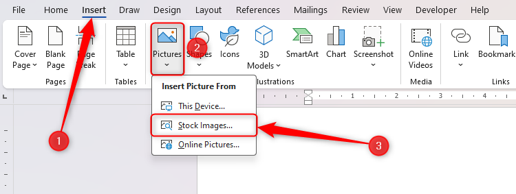 The Insert tab in Microsoft Word is opened, and the Stock Images option under the Pictures drop-down menu is selected.