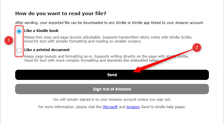 The Kindle dialog box in Microsoft Word that provides the options for the two different ways to read the document on Kindle.