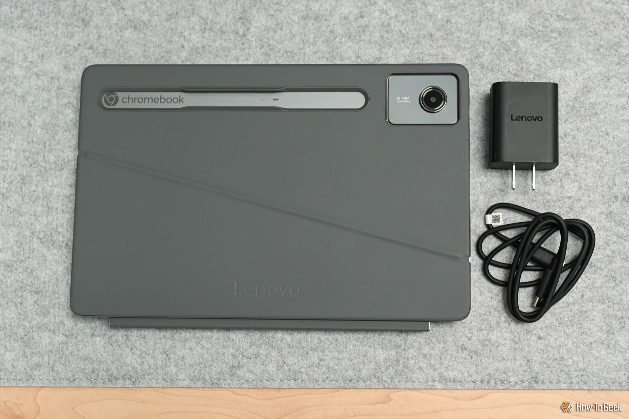 The Lenovo Chromebook Duet 11-Inch with the charger.