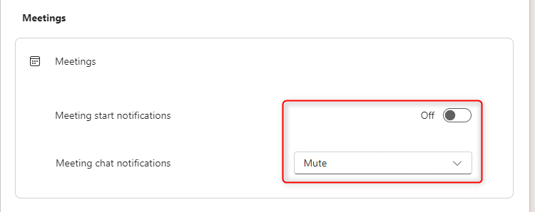 The Meetings notifications in Microsoft Teams are disabled.