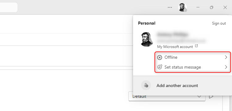 The Microsoft Teams status is set to Offline, and the option to set a status message is highlighted.