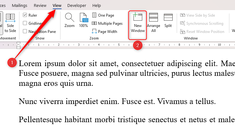 The New Window option in Microsoft Word, accessed in the View tab on the ribbon.