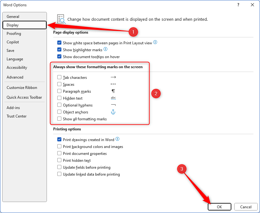 The option to always show formatting marks in the Display tab of the Microsoft Word Options window.