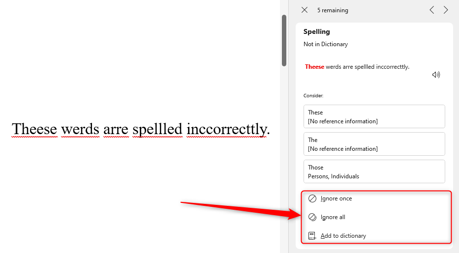 The options to Ignore Microsoft Editor's suggestions or add the word to the dictionary.