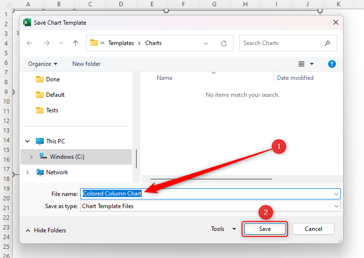 The Save Chart Template dialog box, with the current chart being saved as 'Colored Column Chart', and the OK button is selected.