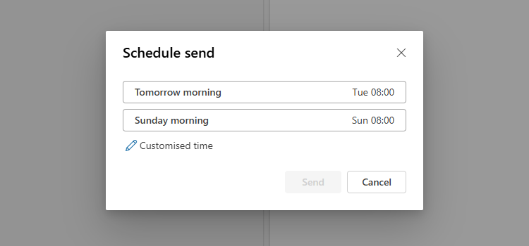 The Schedule Send dialog box in Microsoft Outlook.