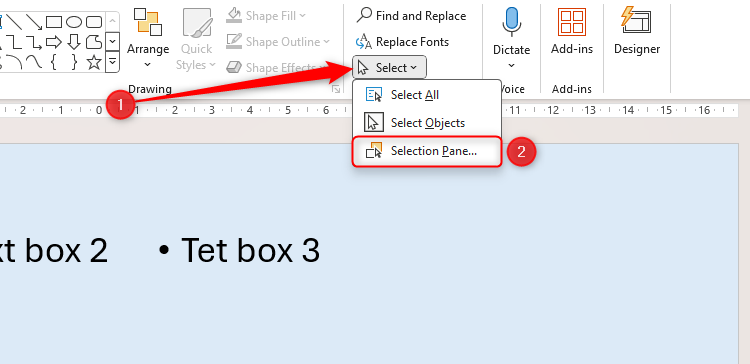 The Selection Pane button in the Select drop-down of the Home tab in PowerPoint.