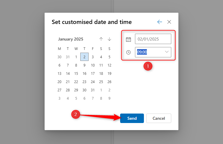 The Set Customized Date And Time dialog box for scheduling emails in the new Microsoft Outlook.