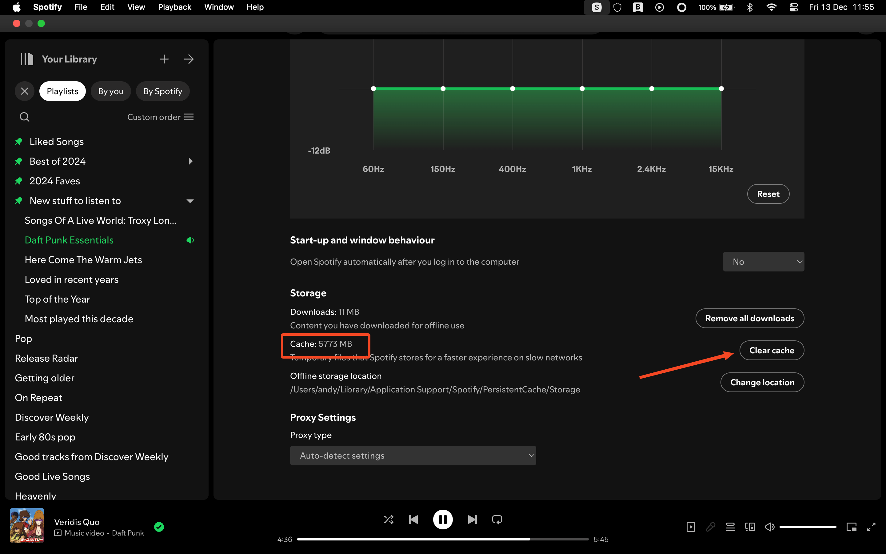 The setting to clear the cache on Spotify.